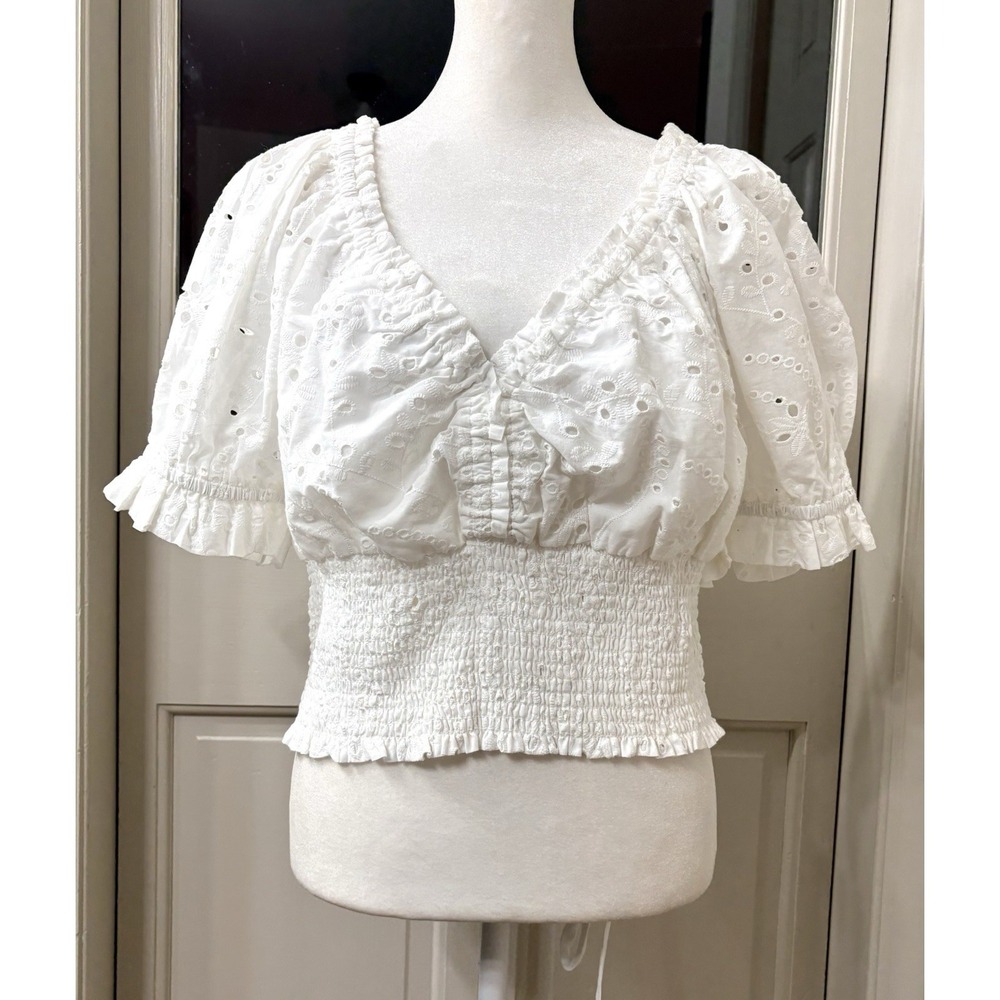 Jennifer & Grace White Eyelet Lace Top Sz XL Cropped Cottage Boho Button Up